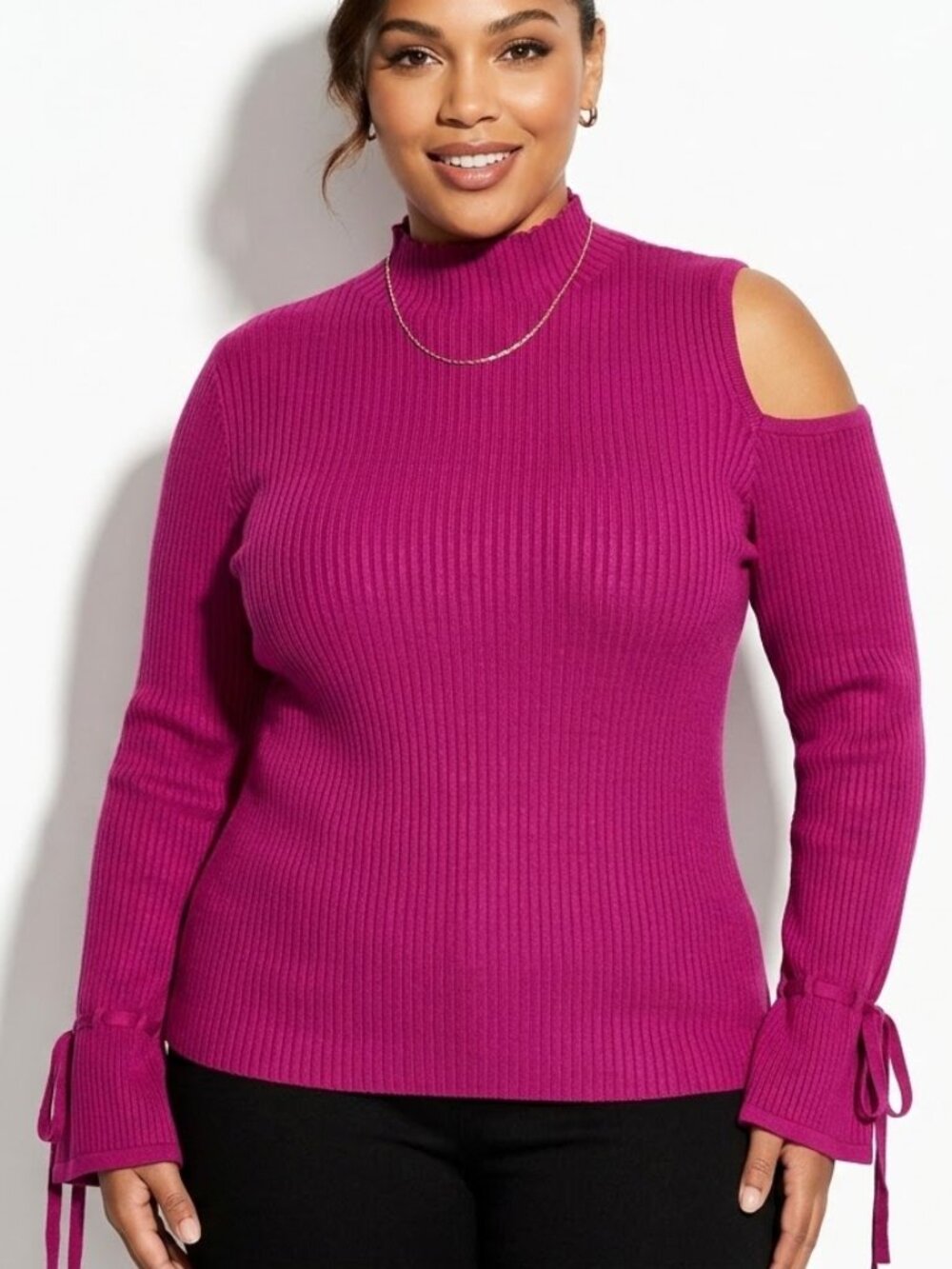 Sweet Rain Cyber-Y2K Cold Shoulder Ribbed Mock Neck Knit Top XL